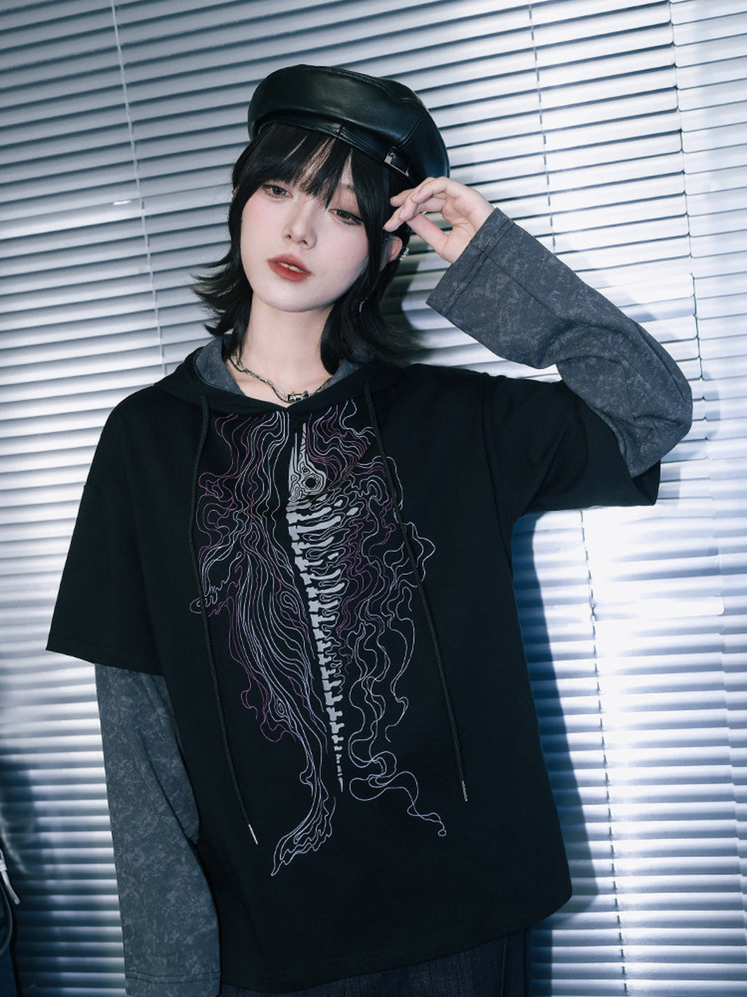 Black Whale Skeleton Graphic Faux-Layered Hooded T-Shirt