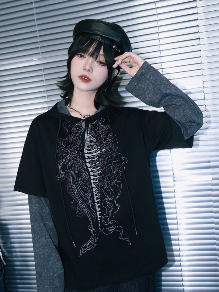 Black Whale Skeleton Graphic Faux-Layered Hooded T-Shirt