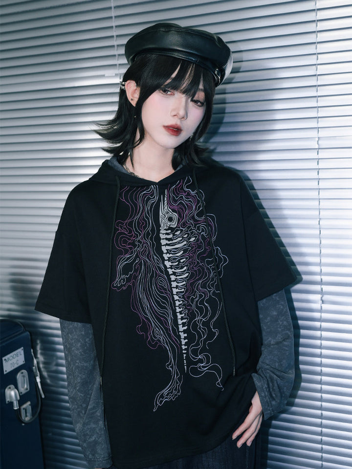 Black Whale Skeleton Graphic Faux-Layered Hooded T-Shirt