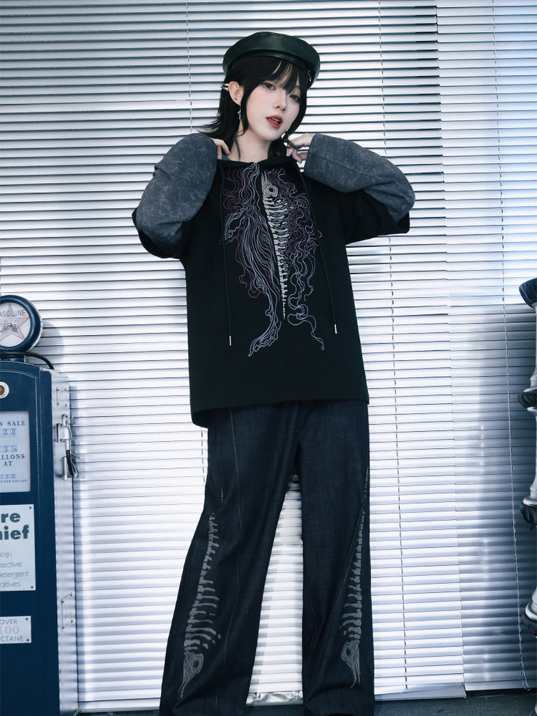 Black Whale Skeleton Graphic Faux-Layered Hooded T-Shirt