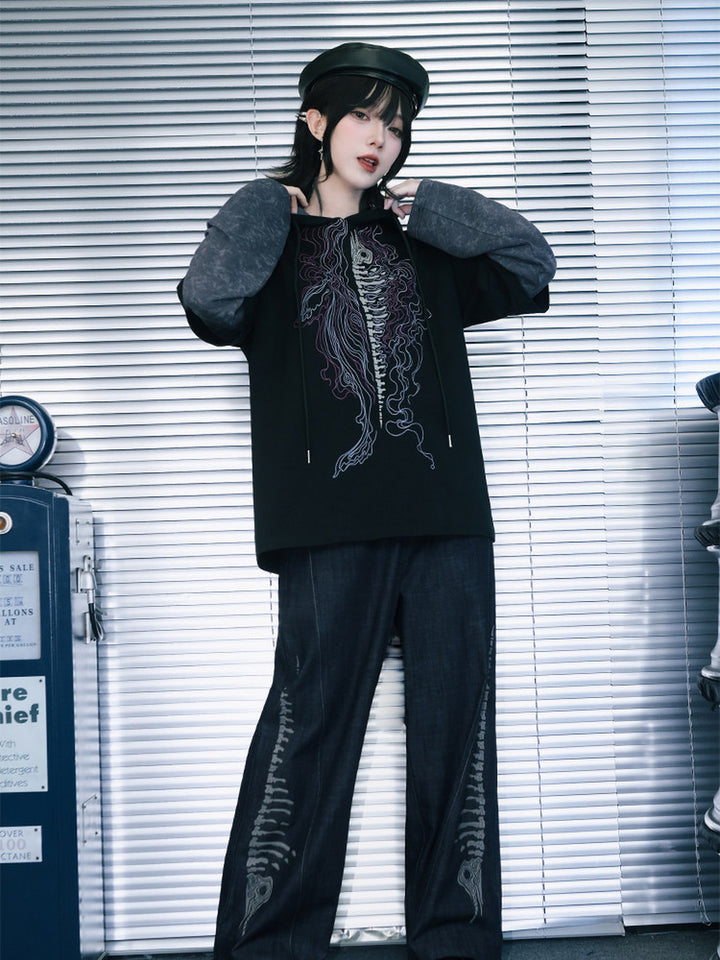 Black Whale Skeleton Graphic Faux-Layered Hooded T-Shirt