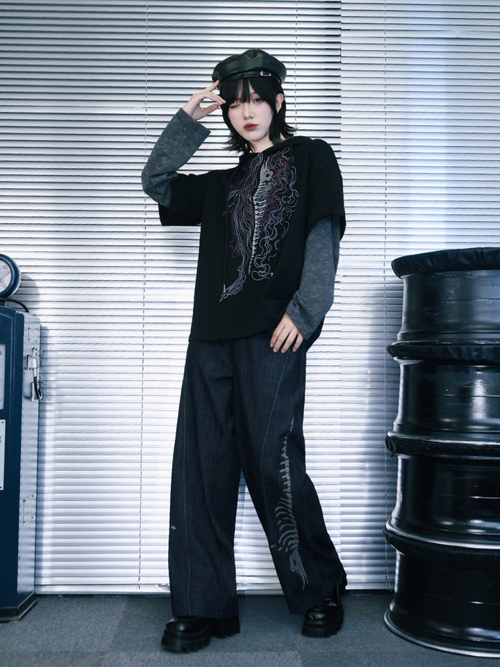 Black Whale Skeleton Graphic Faux-Layered Hooded T-Shirt