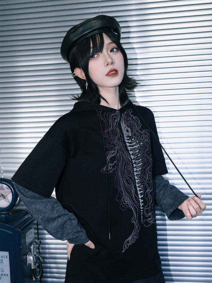 Black Whale Skeleton Graphic Faux-Layered Hooded T-Shirt