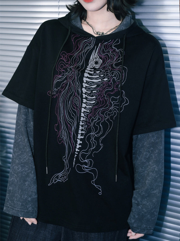 Black Whale Skeleton Graphic Faux-Layered Hooded T-Shirt