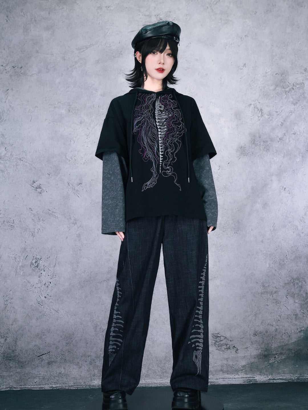 Black Whale Skeleton Graphic Faux-Layered Hooded T-Shirt