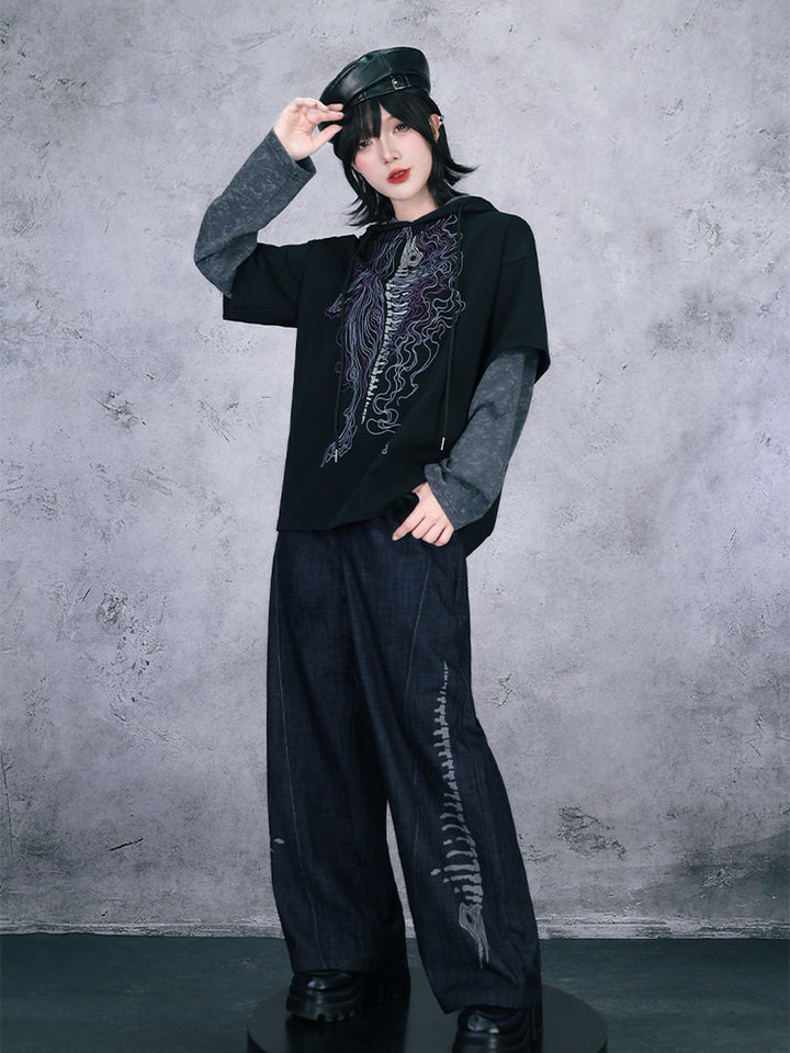 Black Whale Skeleton Graphic Faux-Layered Hooded T-Shirt