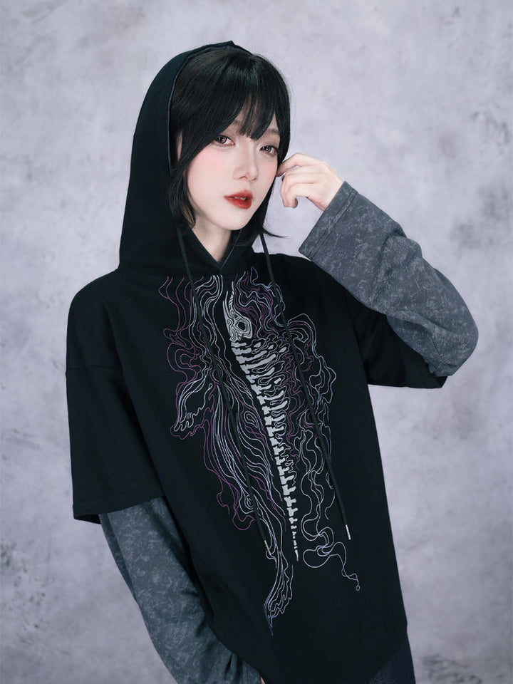 Black Whale Skeleton Graphic Faux-Layered Hooded T-Shirt