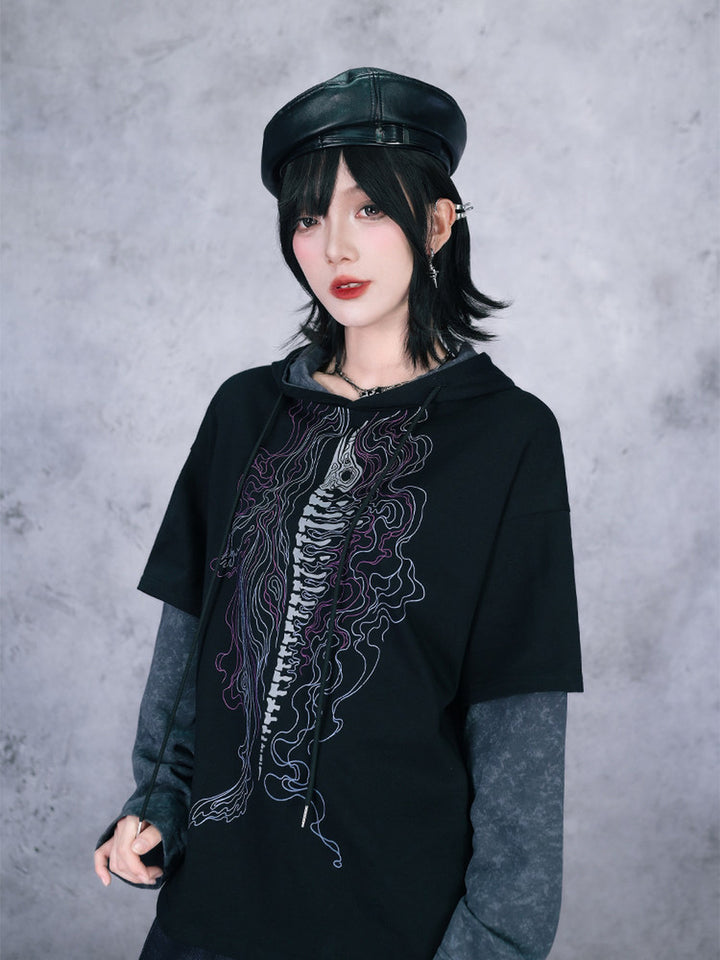 Black Whale Skeleton Graphic Faux-Layered Hooded T-Shirt