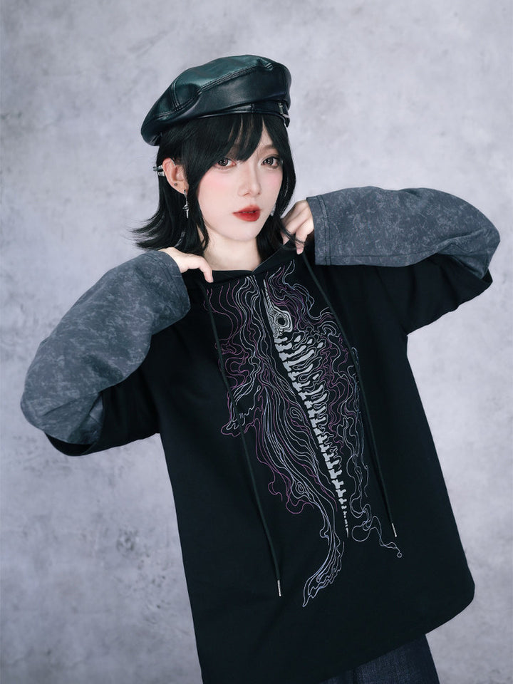 Black Whale Skeleton Graphic Faux-Layered Hooded T-Shirt