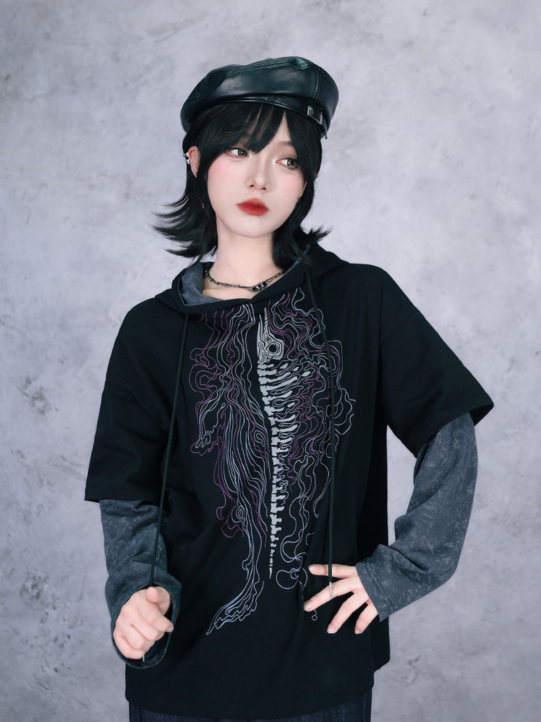 Black Whale Skeleton Graphic Faux-Layered Hooded T-Shirt