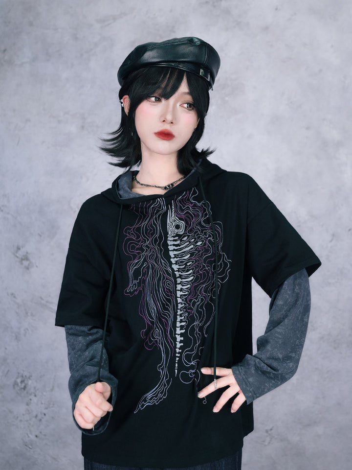 Black Whale Skeleton Graphic Faux-Layered Hooded T-Shirt