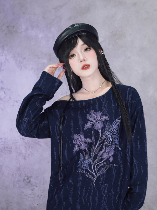 Black Iris Fairy Graphic Off-Shoulder T-Shirt