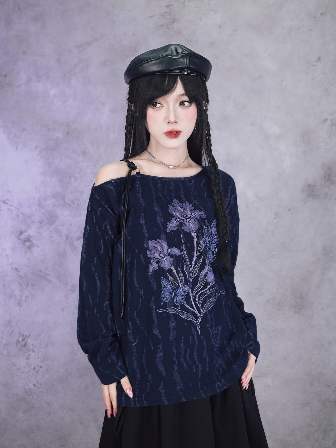 Black Iris Fairy Graphic Off-Shoulder T-Shirt