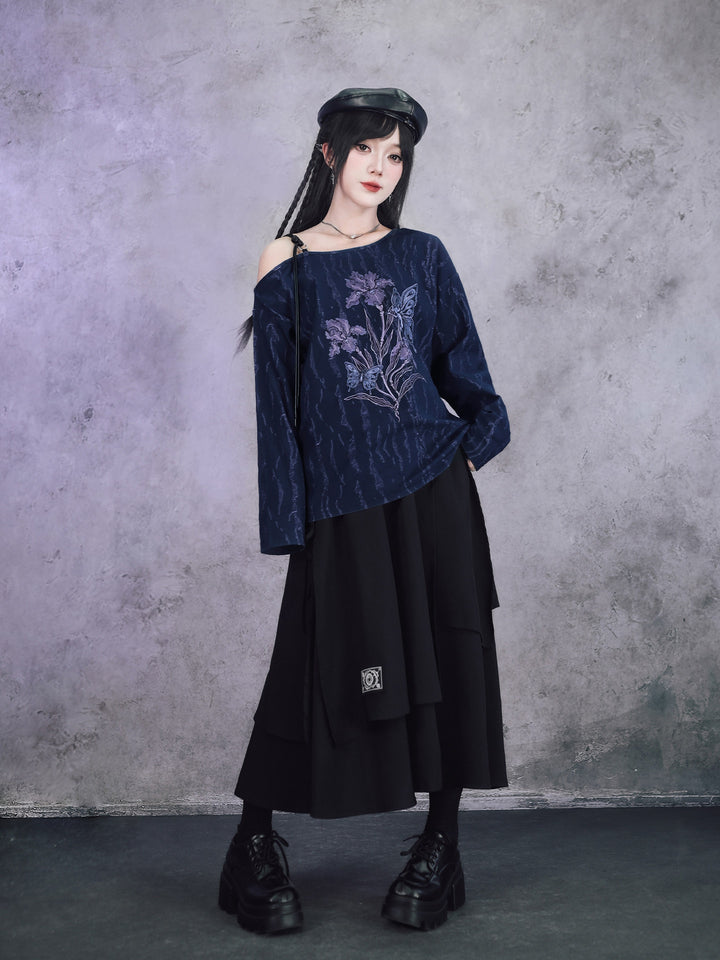 Black Iris Fairy Graphic Off-Shoulder T-Shirt