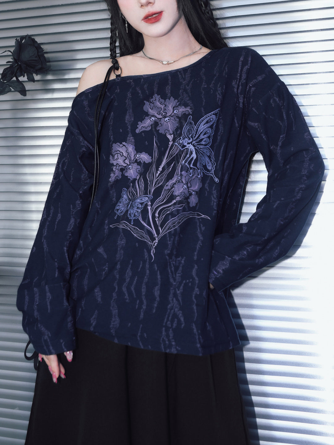 Black Iris Fairy Graphic Off-Shoulder T-Shirt