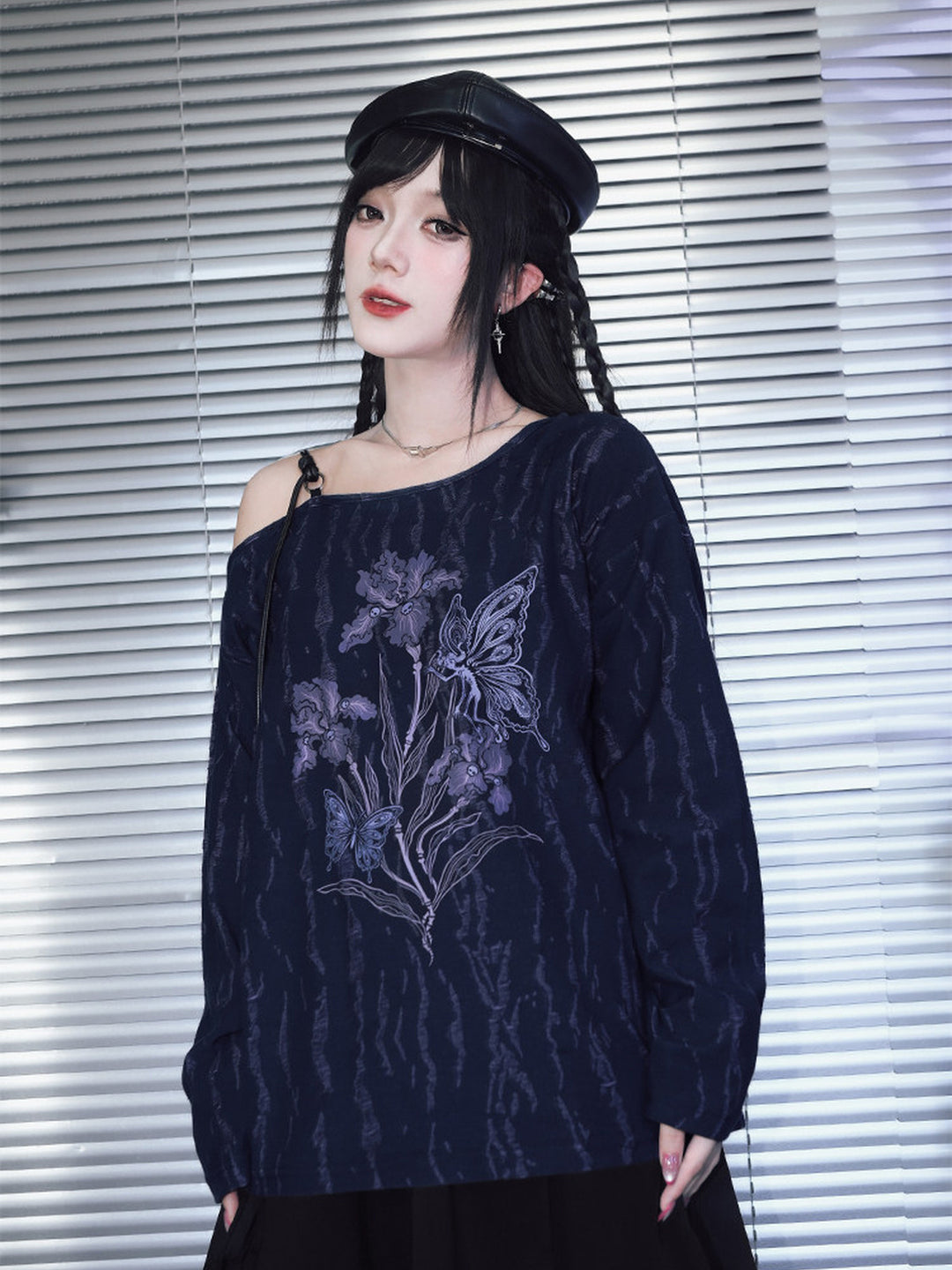 Black Iris Fairy Graphic Off-Shoulder T-Shirt