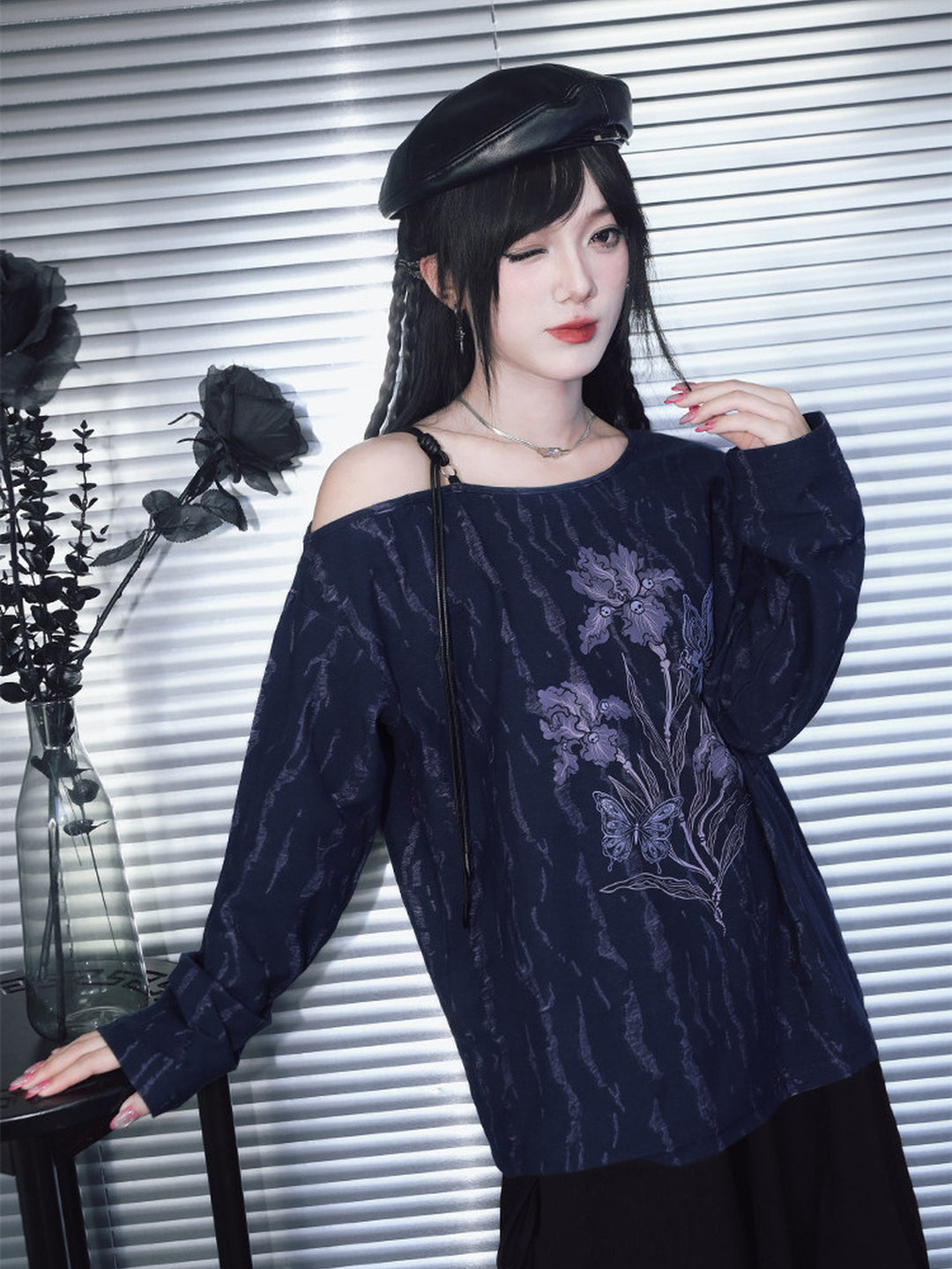 Black Iris Fairy Graphic Off-Shoulder T-Shirt
