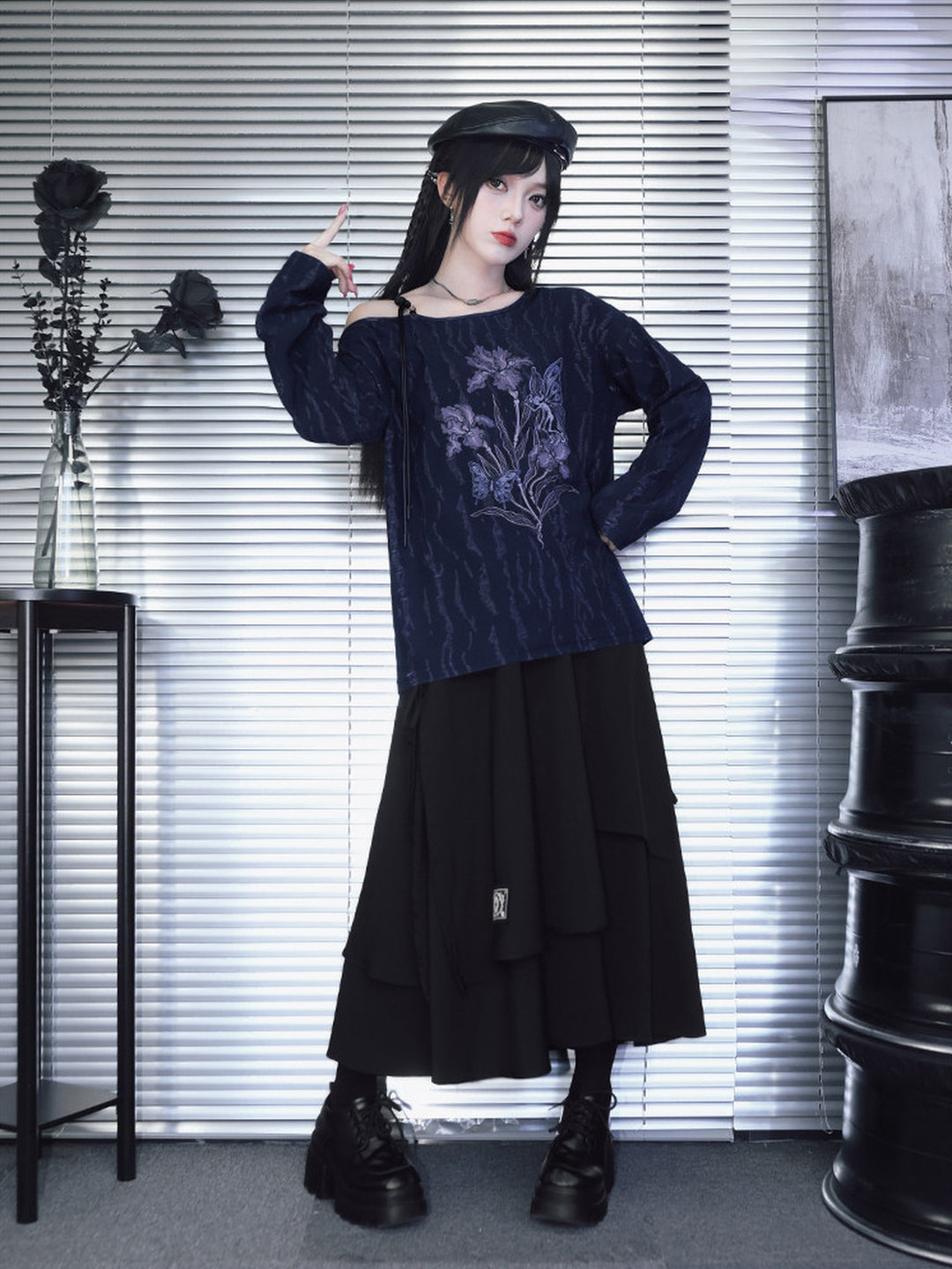 Black Iris Fairy Graphic Off-Shoulder T-Shirt