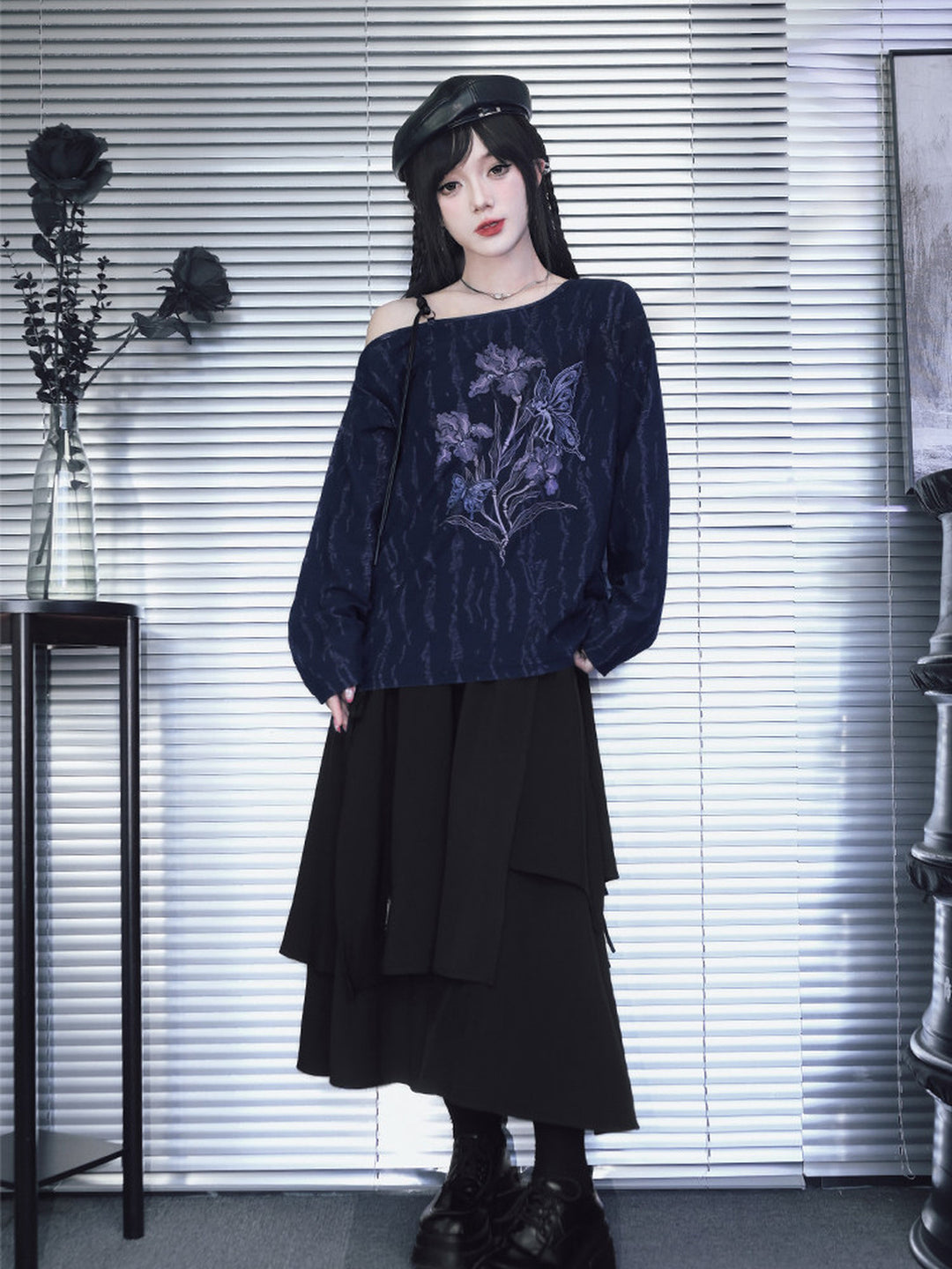 Black Iris Fairy Graphic Off-Shoulder T-Shirt