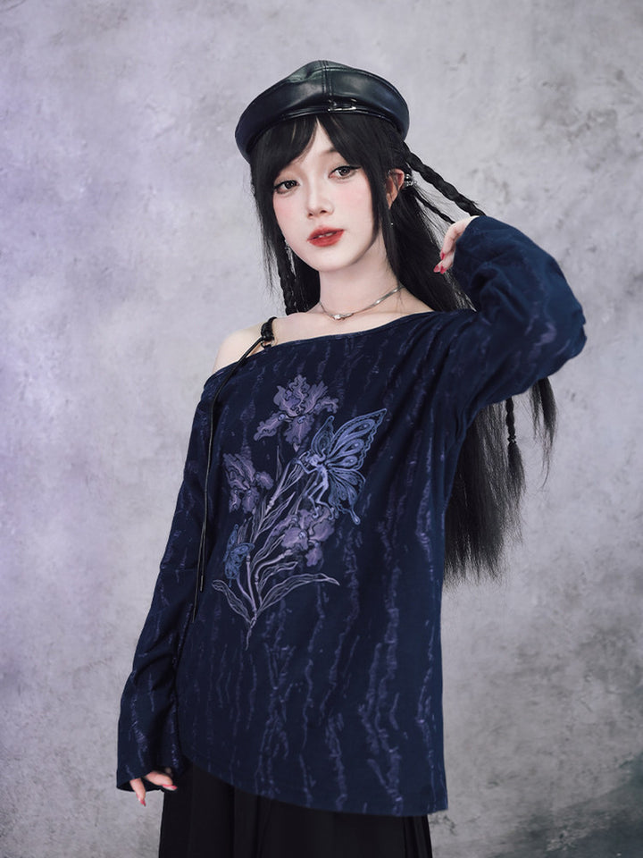 Black Iris Fairy Graphic Off-Shoulder T-Shirt