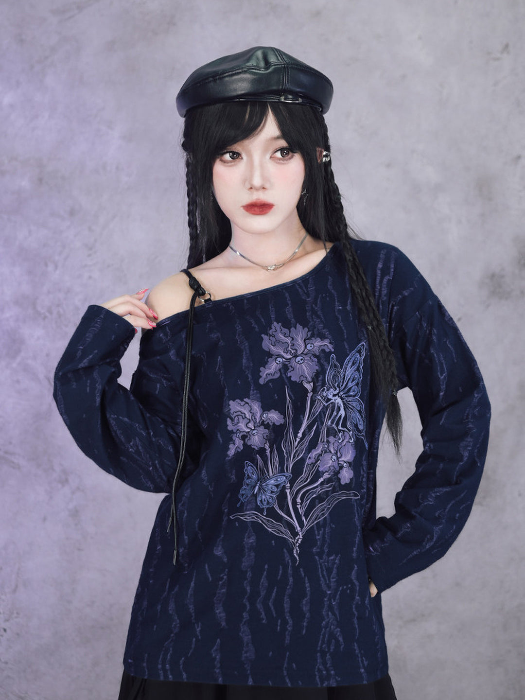 Black Iris Fairy Graphic Off-Shoulder T-Shirt