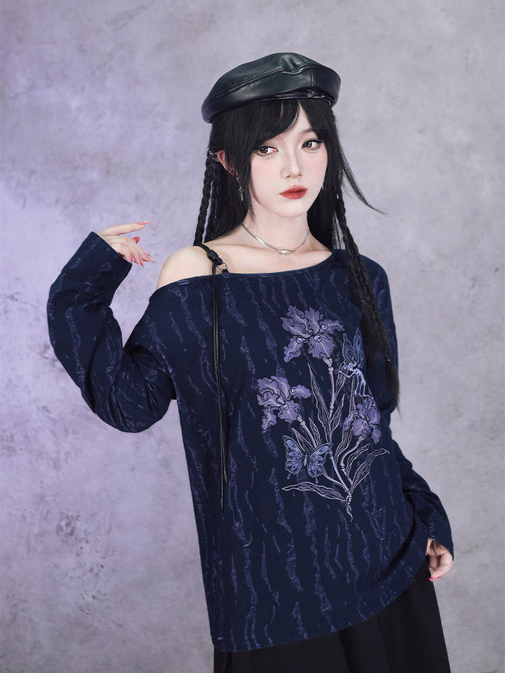 Black Iris Fairy Graphic Off-Shoulder T-Shirt