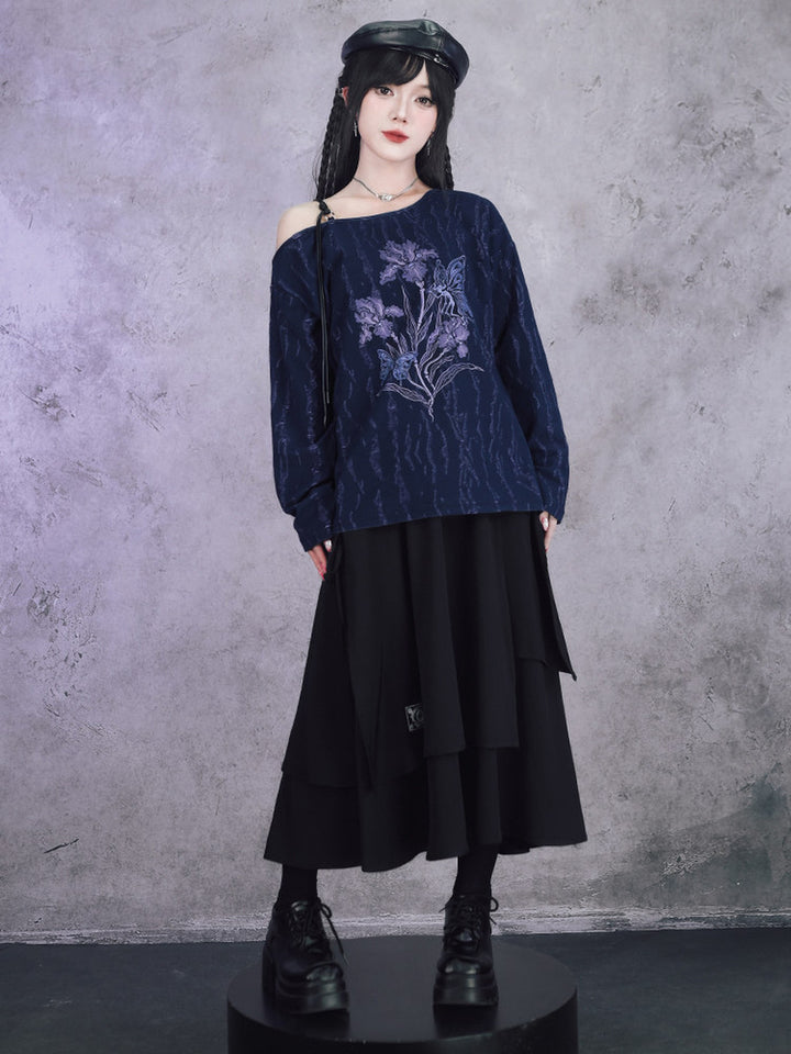 Black Iris Fairy Graphic Off-Shoulder T-Shirt