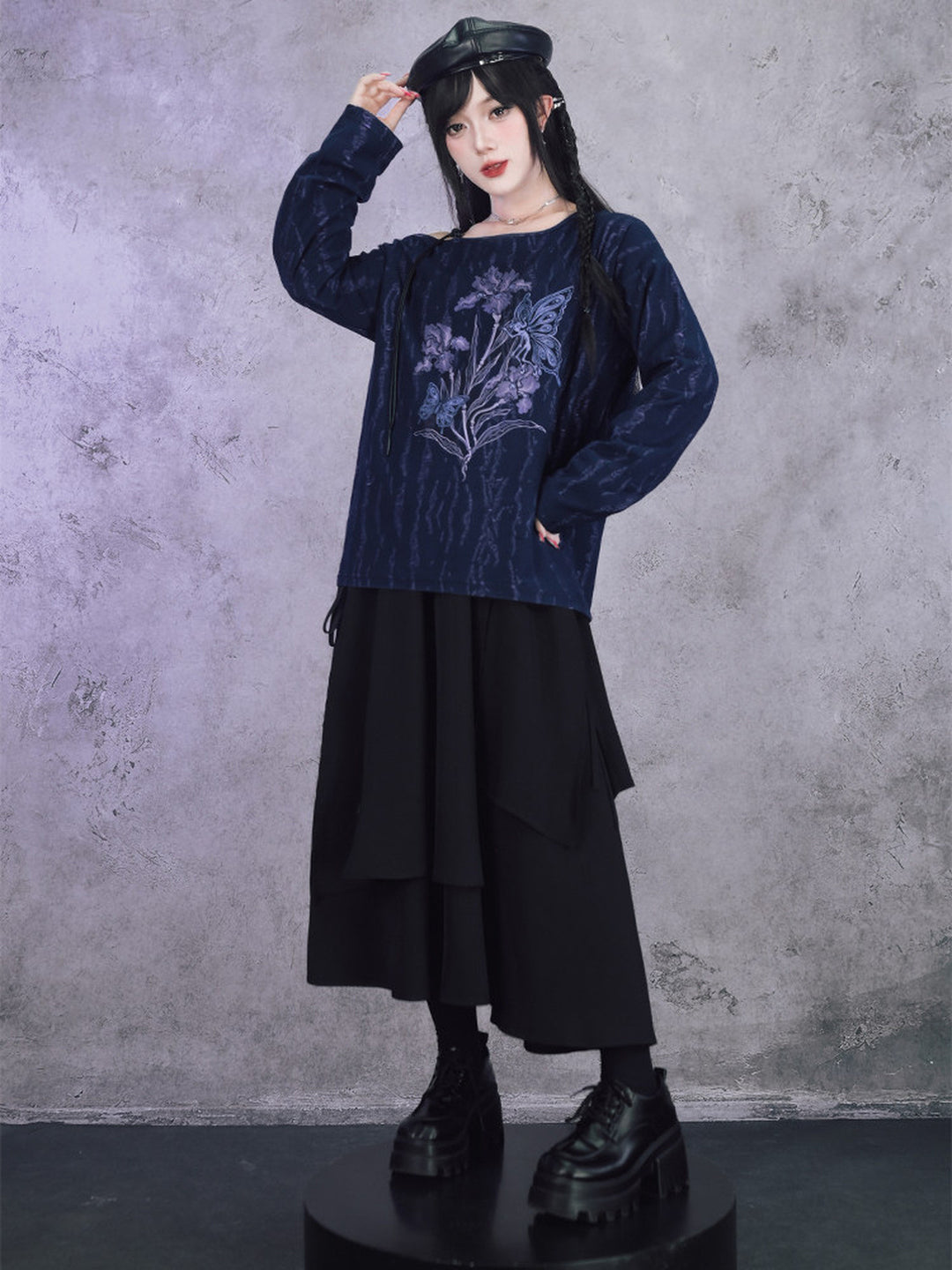 Black Iris Fairy Graphic Off-Shoulder T-Shirt