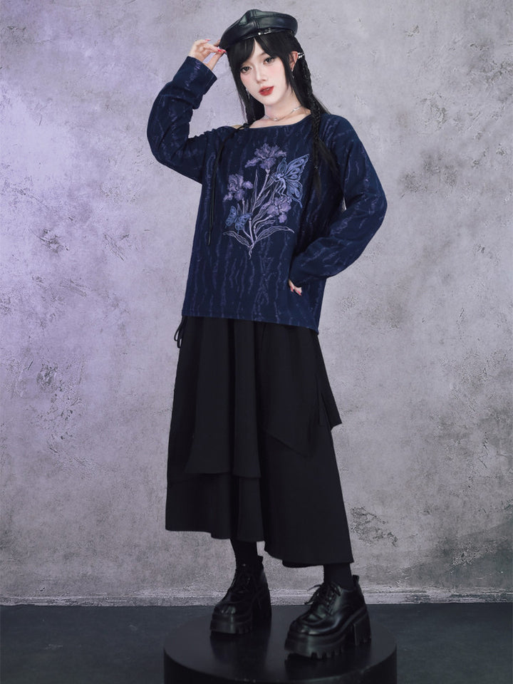 Black Iris Fairy Graphic Off-Shoulder T-Shirt