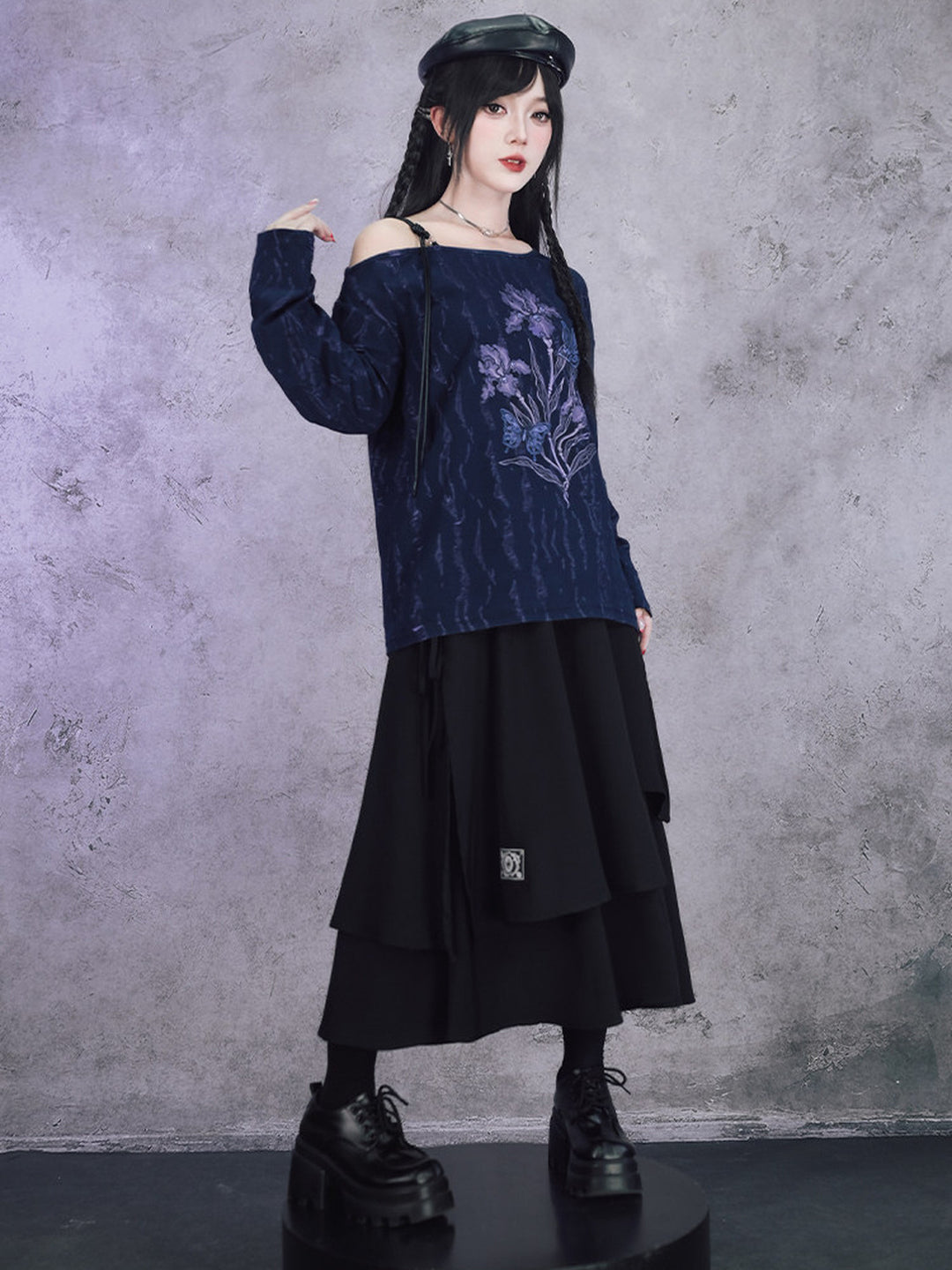 Black Iris Fairy Graphic Off-Shoulder T-Shirt