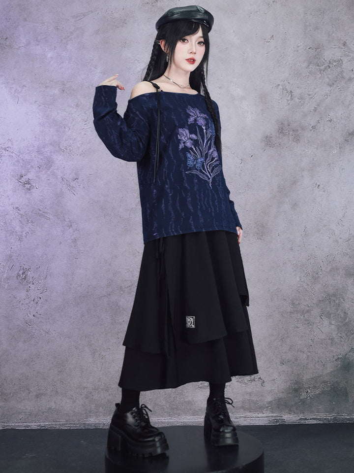 Black Iris Fairy Graphic Off-Shoulder T-Shirt