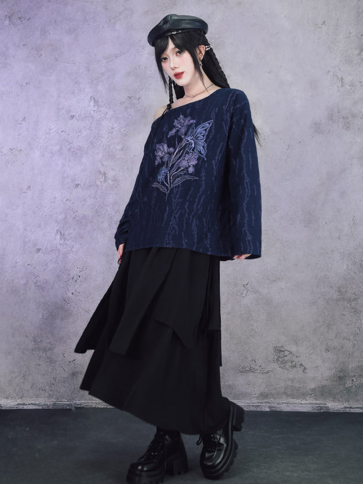 Black Iris Fairy Graphic Off-Shoulder T-Shirt