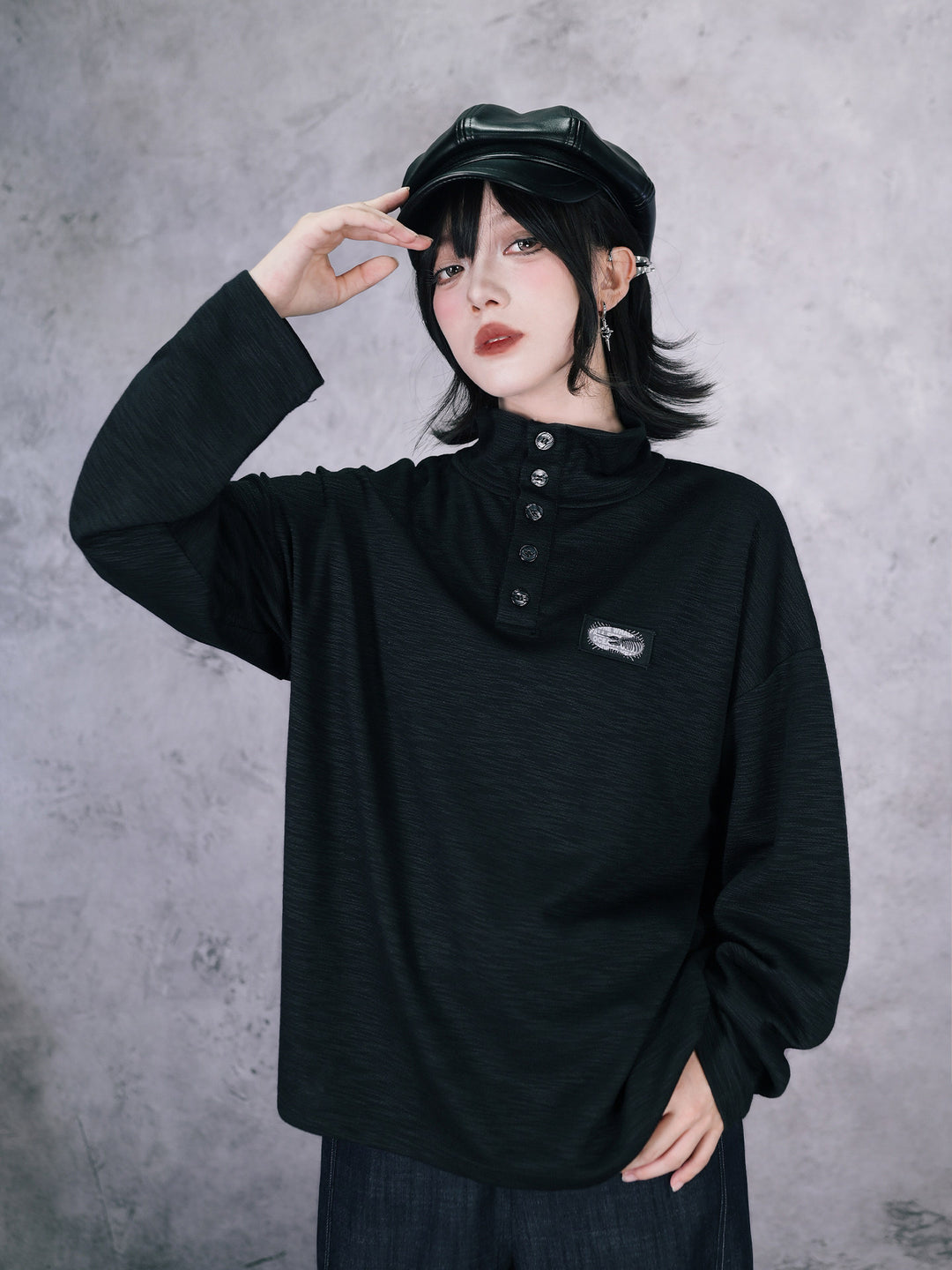 Black Patch Convertible-Collar Long-Sleeve Shirt