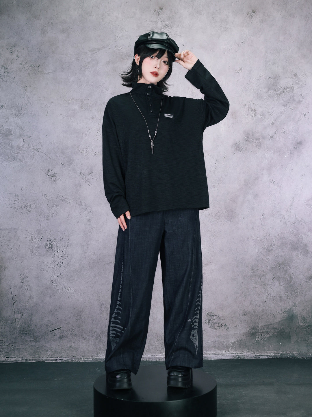 Black Patch Convertible-Collar Long-Sleeve Shirt