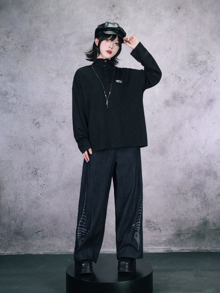 Black Patch Convertible-Collar Long-Sleeve Shirt