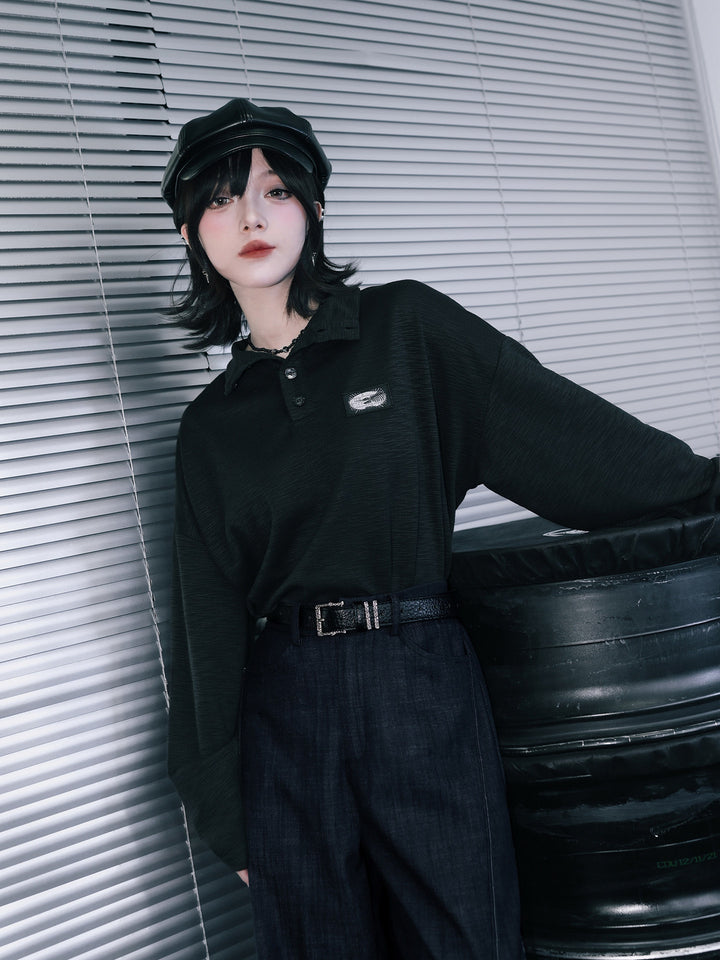 Black Patch Convertible-Collar Long-Sleeve Shirt