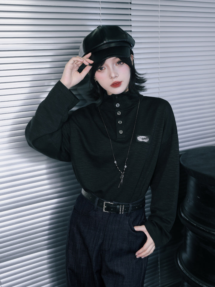 Black Patch Convertible-Collar Long-Sleeve Shirt