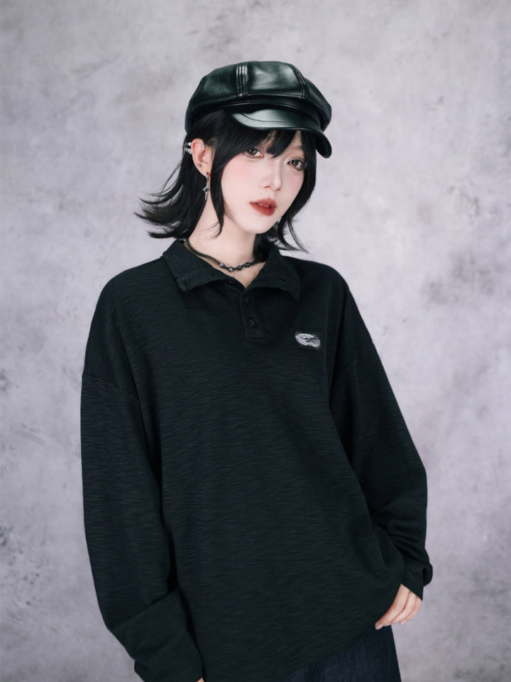 Black Patch Convertible-Collar Long-Sleeve Shirt