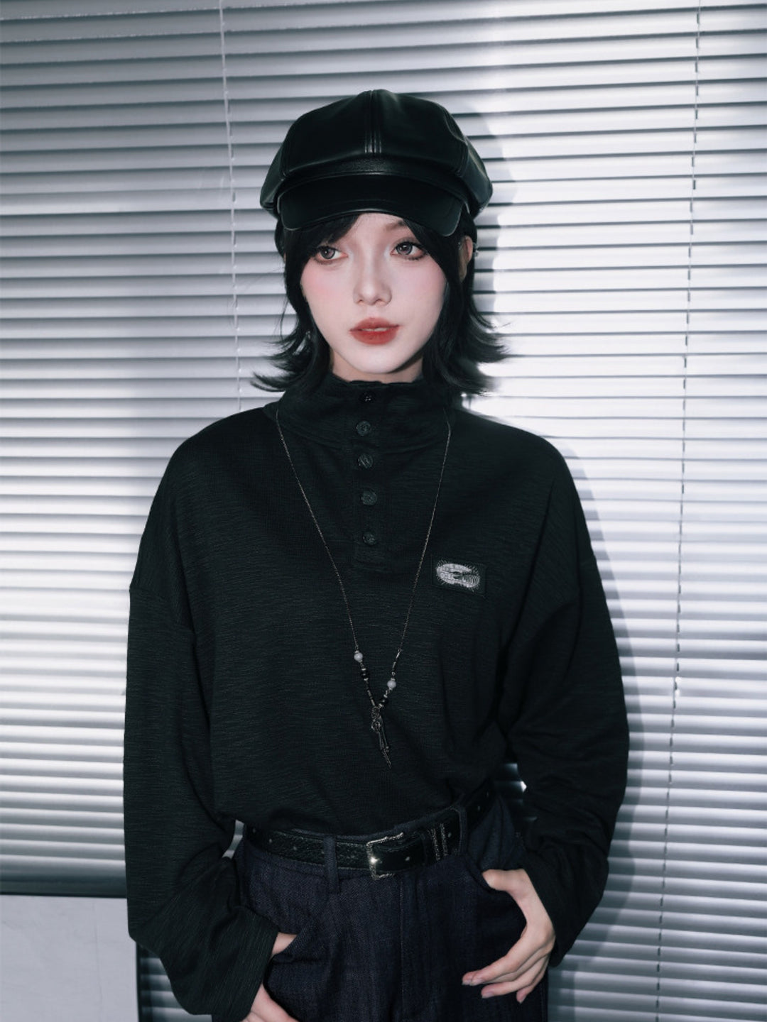 Black Patch Convertible-Collar Long-Sleeve Shirt