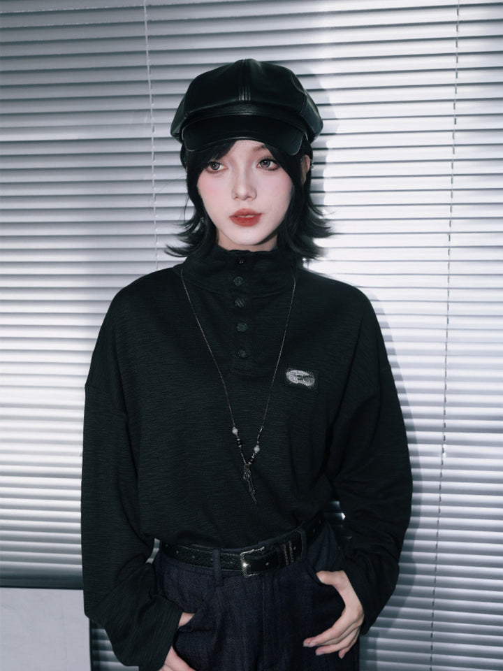 Black Patch Convertible-Collar Long-Sleeve Shirt