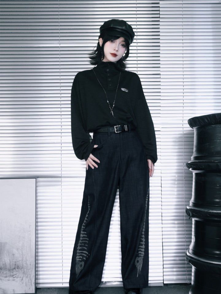 Black Patch Convertible-Collar Long-Sleeve Shirt