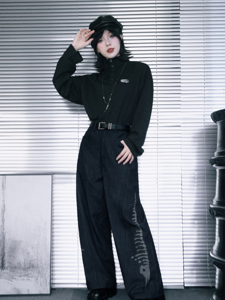 Black Patch Convertible-Collar Long-Sleeve Shirt