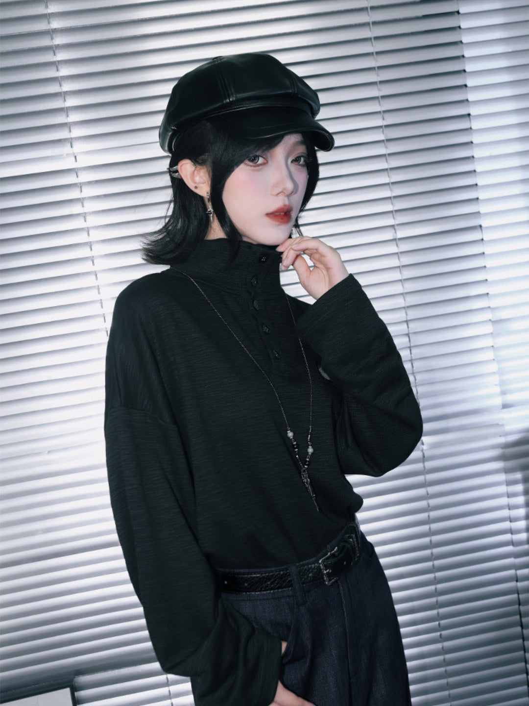 Black Patch Convertible-Collar Long-Sleeve Shirt