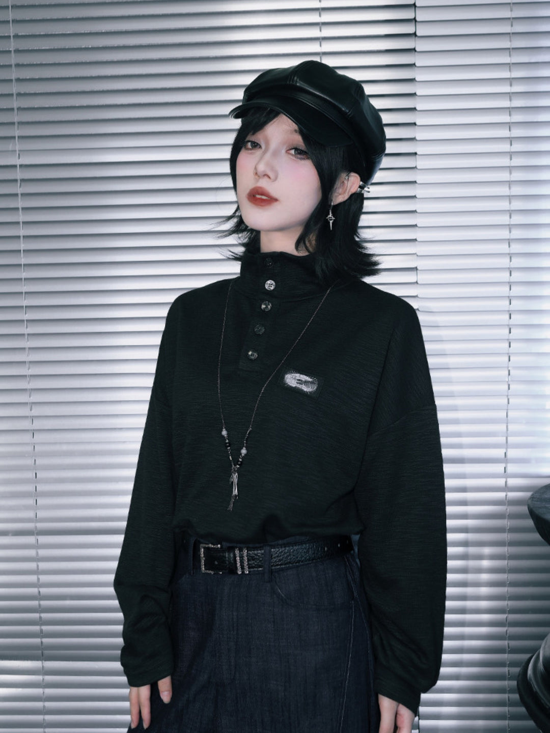 Black Patch Convertible-Collar Long-Sleeve Shirt