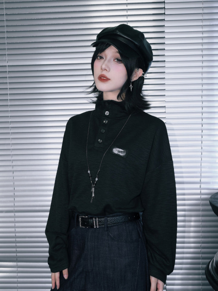 Black Patch Convertible-Collar Long-Sleeve Shirt
