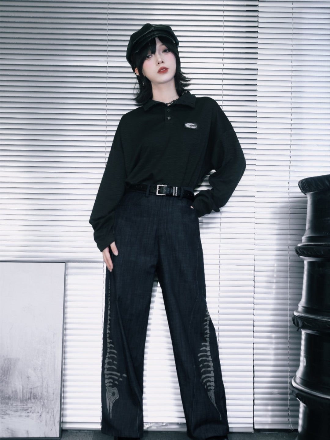 Black Patch Convertible-Collar Long-Sleeve Shirt