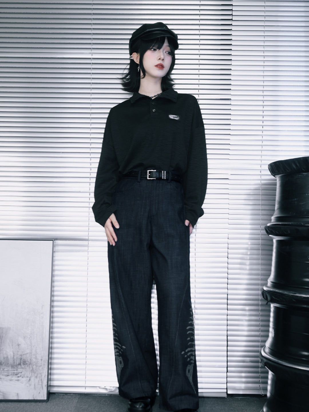 Black Patch Convertible-Collar Long-Sleeve Shirt