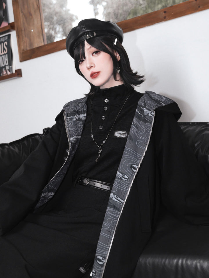 Black Patch Convertible-Collar Long-Sleeve Shirt