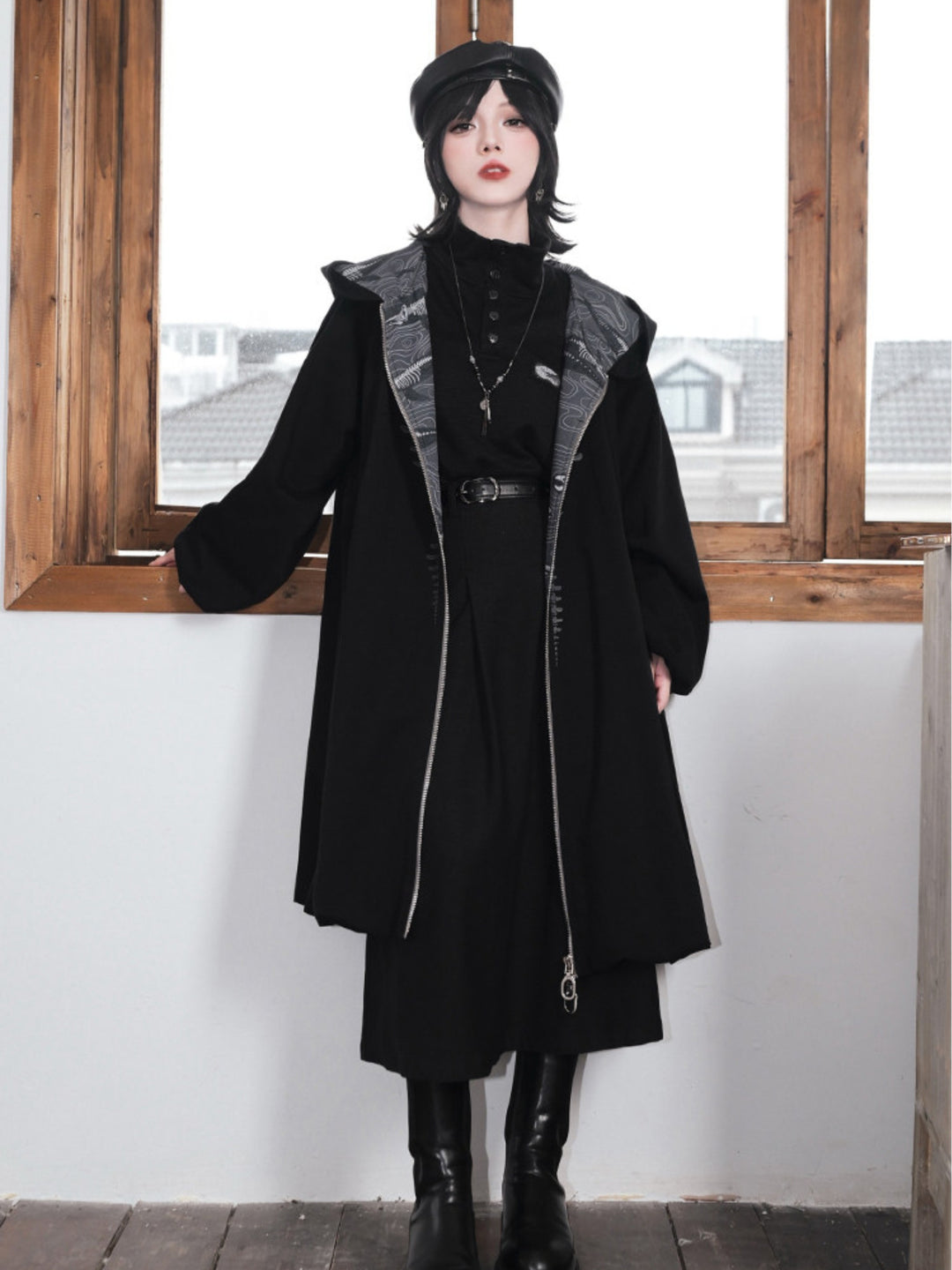 Black Patch Convertible-Collar Long-Sleeve Shirt