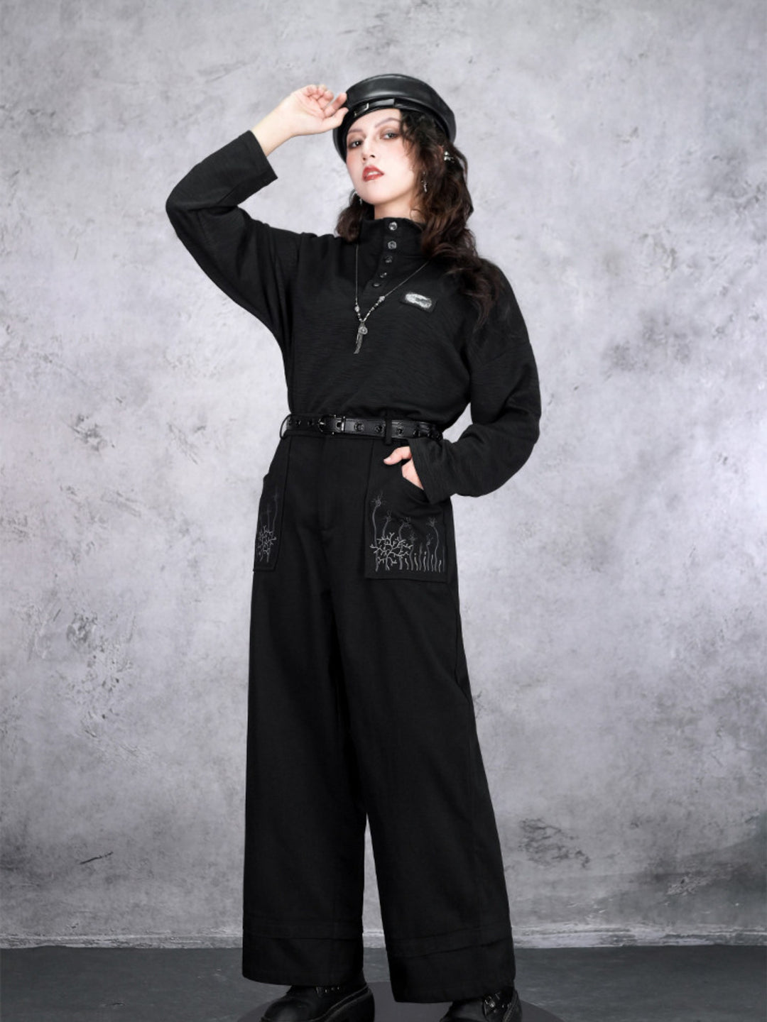 Black Patch Convertible-Collar Long-Sleeve Shirt